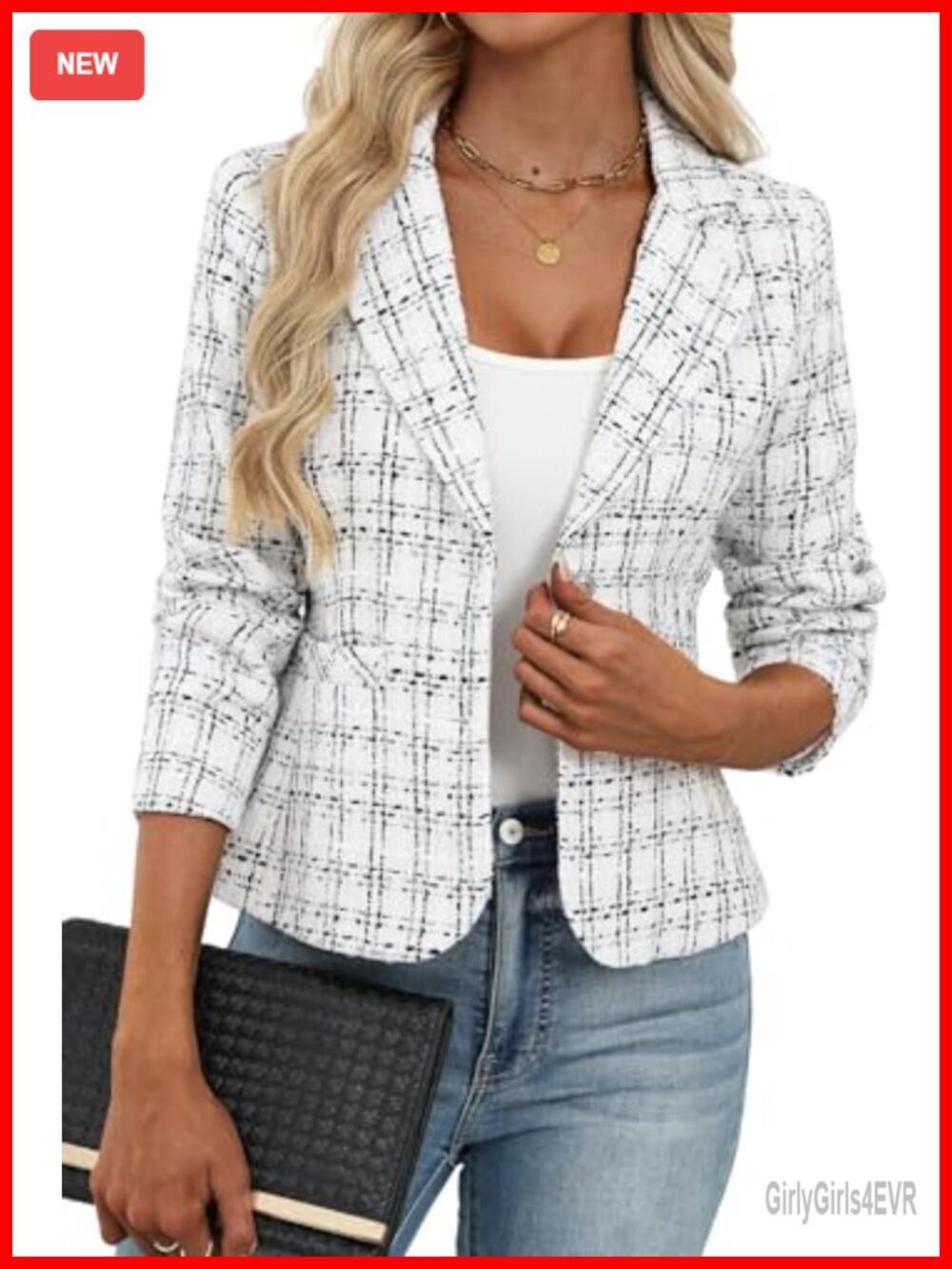 Tweed Blazer Slim Fit Business Suit Jacket Two Button Long Sleeve with Pockets